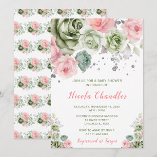 Invitation Baby shower floral rose et vert Sage