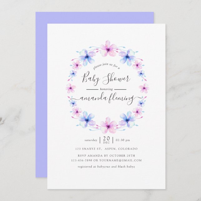 Invitation Baby shower floral rose et violet pastel (Devant / Derrière)