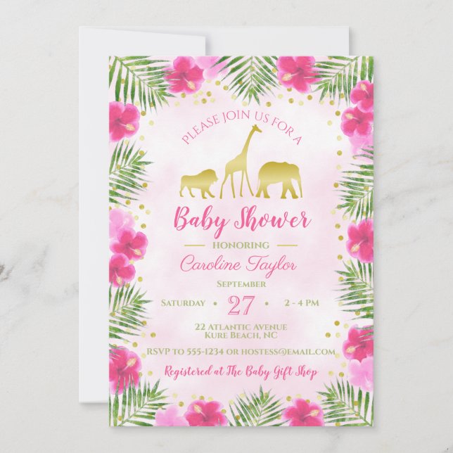 Invitation Baby shower floral rose Gold Safari Animaux (Devant)