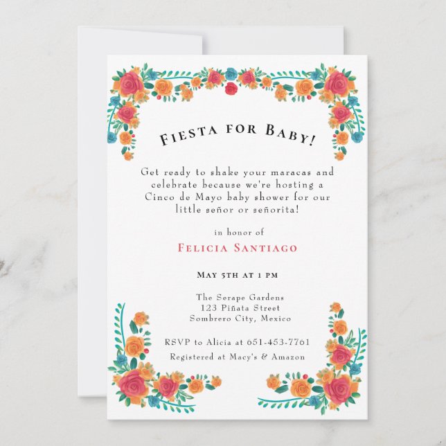 Invitation Baby shower Floral rose orange mexicain Fiesta (Devant)