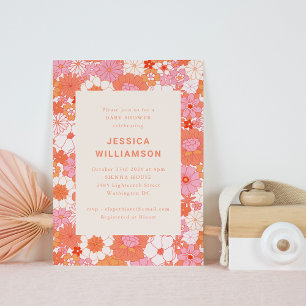 Invitation Baby shower Floral Rose Orange Retro Boho