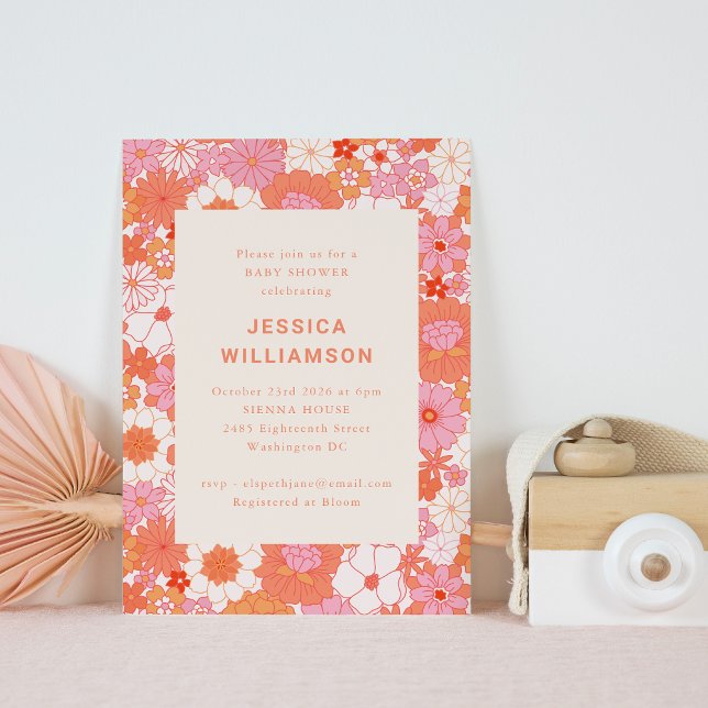 Invitation Baby shower Floral Rose Orange Retro Boho (Créateur téléchargé)