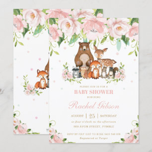 Invitation Baby shower floral rose pâle des animaux des bois