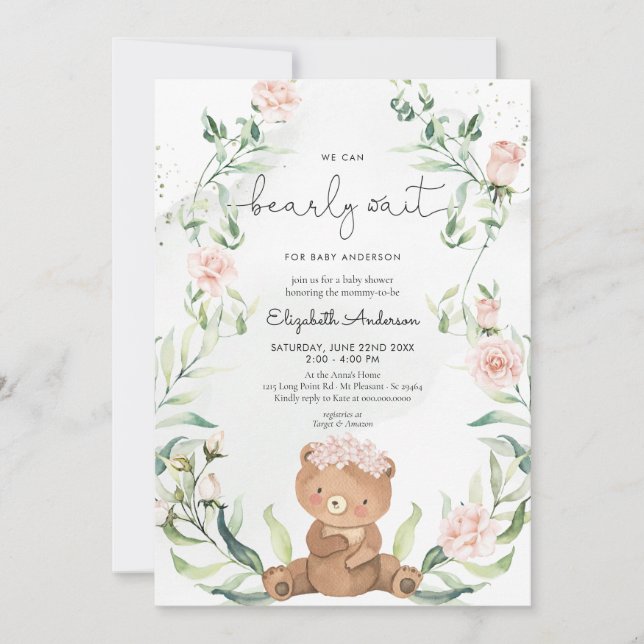 Invitation Baby shower floral rose pâle Ours vert (Devant)