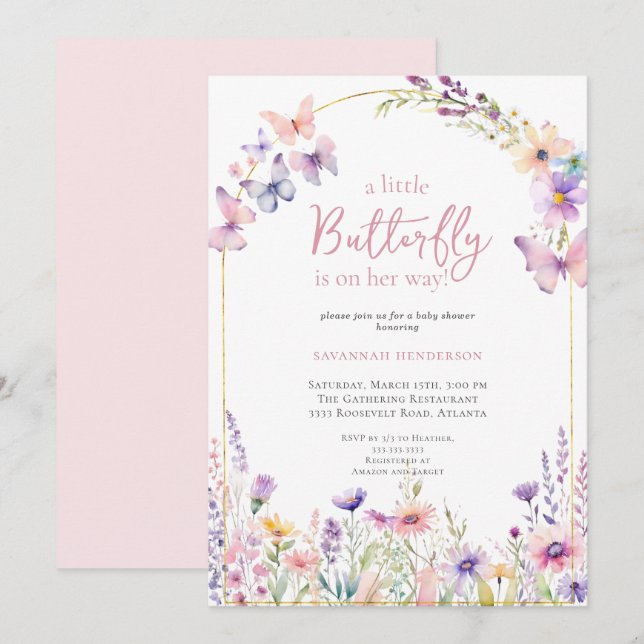 Invitation Baby shower floral rose papillon (Devant / Derrière)