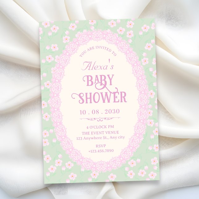 Invitation Baby shower floral rose pastel vert (Créateur téléchargé)
