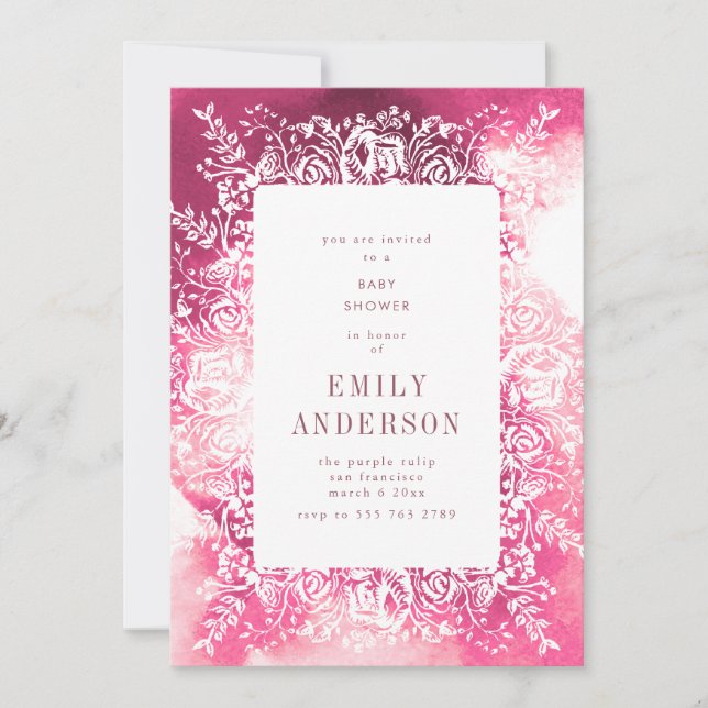 Invitation Baby shower floral rose Plum brillant (Devant)