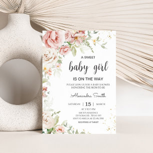 Invitation Baby shower floral rose poussiéreux