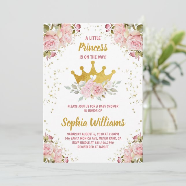 Invitation Baby shower floral rose princesse Gold Crown (Debout devant)