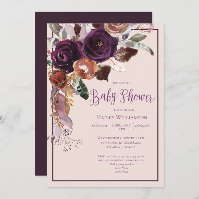Invitation Baby shower floral rose, prune et or (Devant / Derrière)
