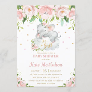 Invitation Baby shower Floral rose rose clair de l'éléphant d