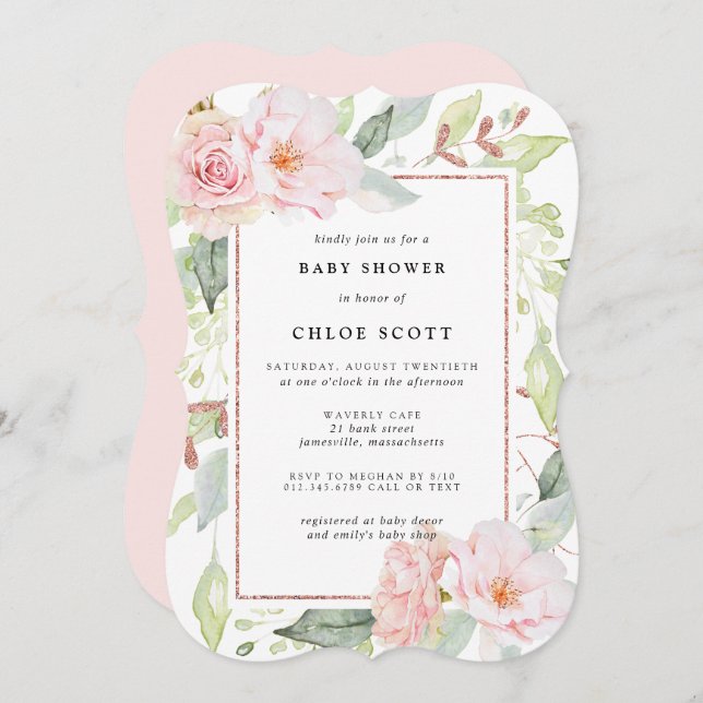 Invitation Baby shower floral rose rose rose (Devant / Derrière)