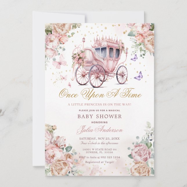 Invitation Baby shower Floral Rose Rose Rose Rose Poulet Prin (Devant)