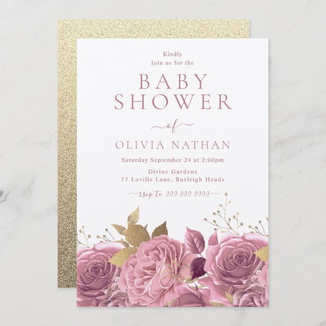 Invitation Baby shower Floral Rose Rose Shimmer (Devant / Derrière)
