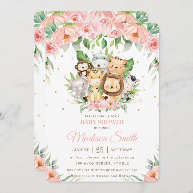 Invitation Baby shower floral rose Safari des animaux de la j (Devant / Derrière)
