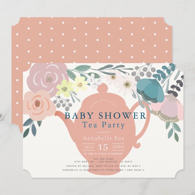 Invitation Baby shower Floral Rose Tea Party (Devant / Derrière)