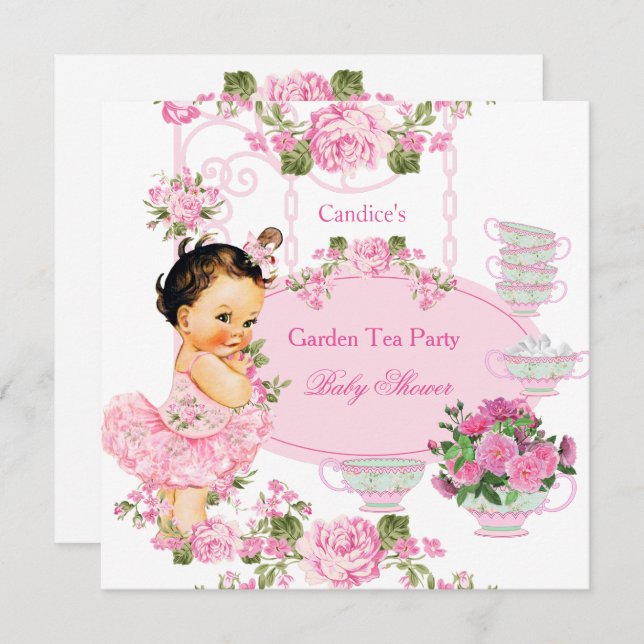 Invitation Baby shower Floral Rose Tea Party Pink Brunette (Devant / Derrière)