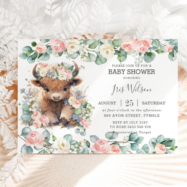 Invitation Baby shower Floral Rose Vache Highland (Créateur téléchargé)