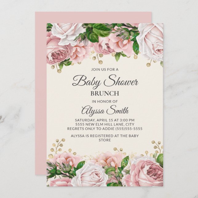 Invitation Baby shower floral rose vif Brunch (Devant / Derrière)