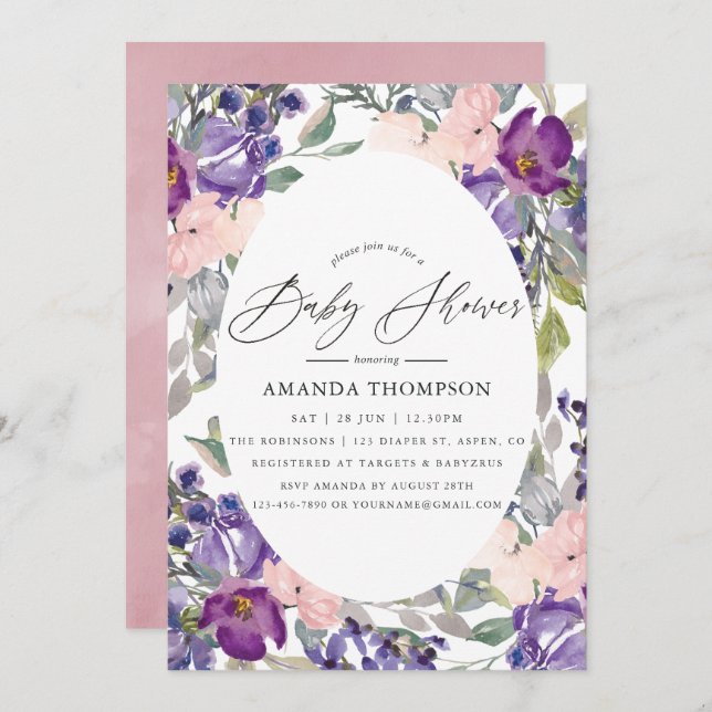 Invitation Baby shower floral rose, violet et prune (Devant / Derrière)