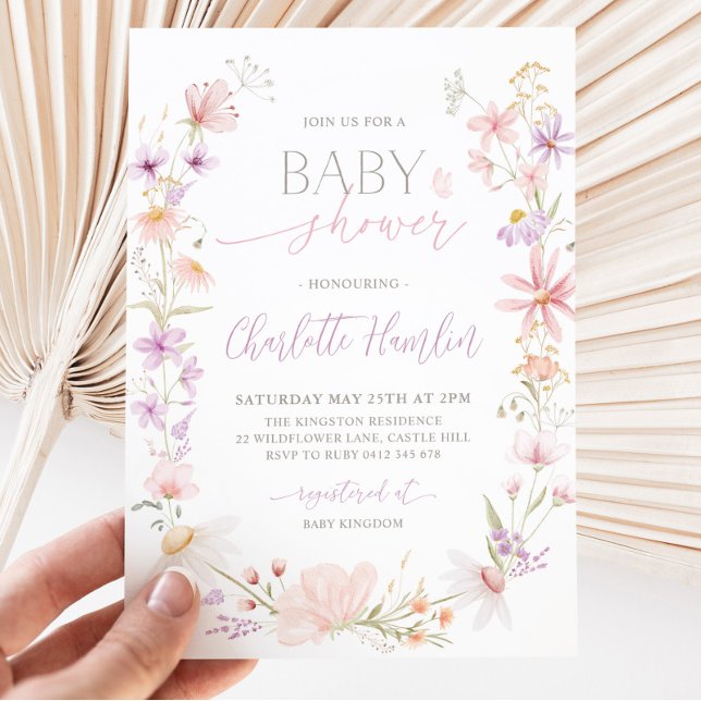 Invitation Baby shower Floral rose violet fleur sauvage (Créateur téléchargé)