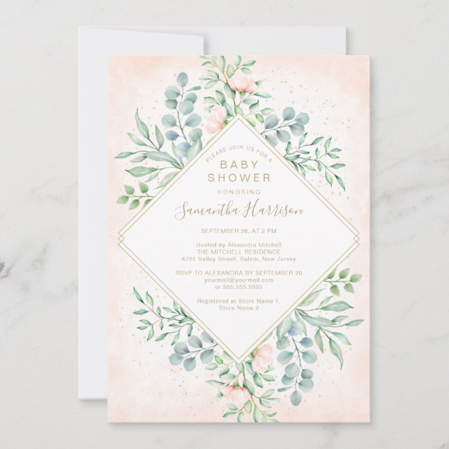 Invitation Baby Shower Floral Roses Vert Sauge Aquarelle (Devant)