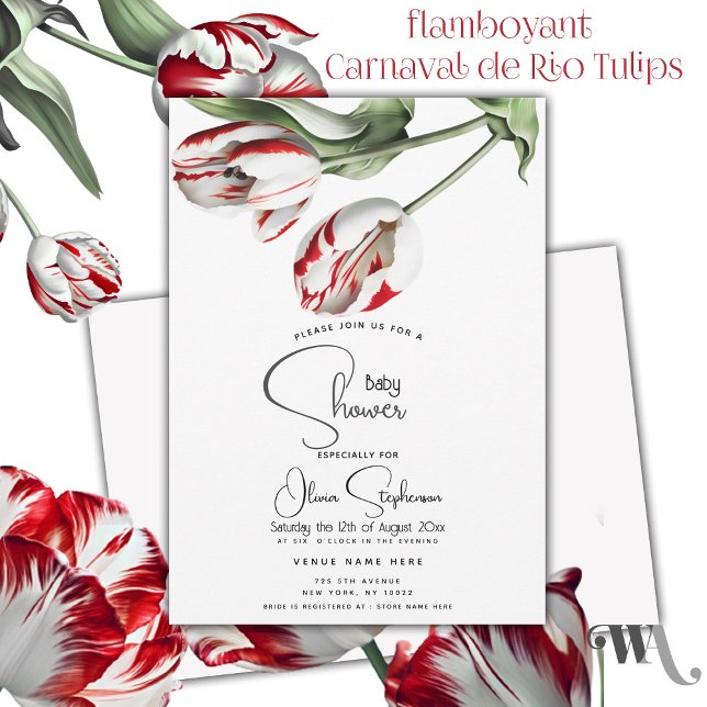 Invitation Baby shower| Floral Rouge et Blanc Tulips Rembrand ( Brilliant & joyful red and white tulips welcome the upcoming blessed event!)