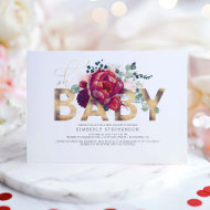 Invitation Baby shower floral rouge et rose vif de Bourgogne