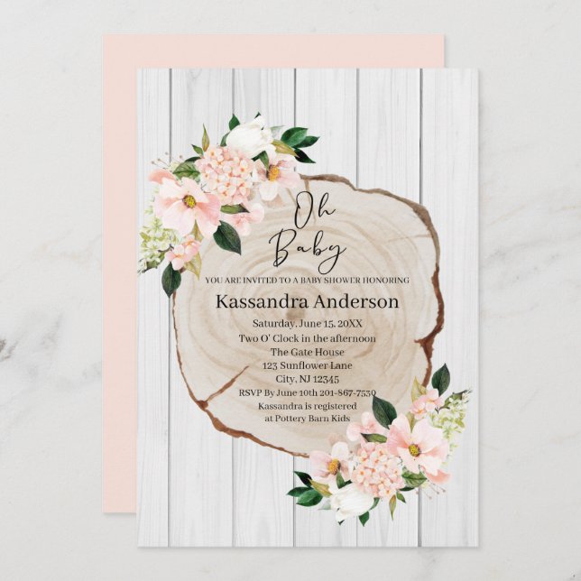 Invitation Baby shower floral roux de bois (Devant / Derrière)