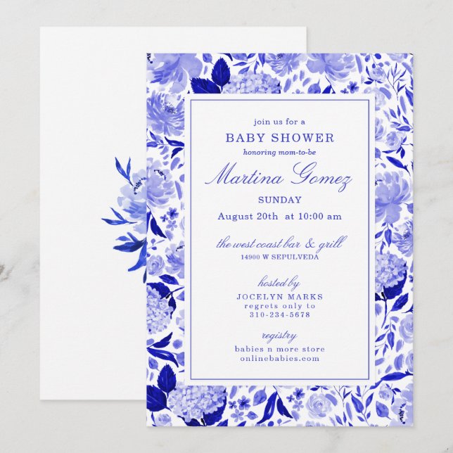 Invitation Baby shower Floral Royal Blue sophistiqué (Devant / Derrière)