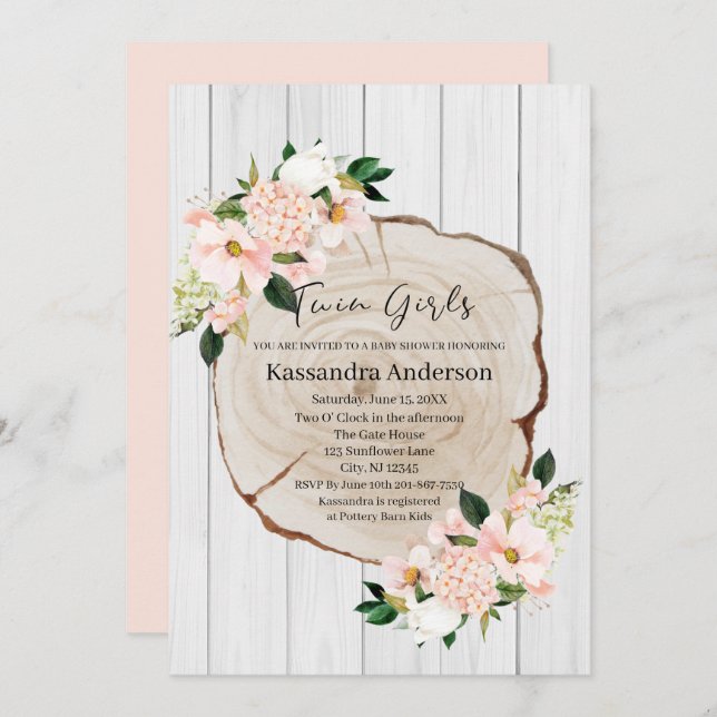 Invitation Baby shower Floral Russe Bois Blush Twins (Devant / Derrière)