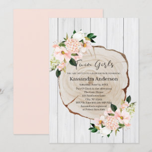 Invitation Baby shower Floral Russe Bois Blush Twins