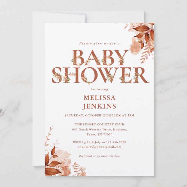 Invitation Baby Shower Floral Rustique Automne (Devant)