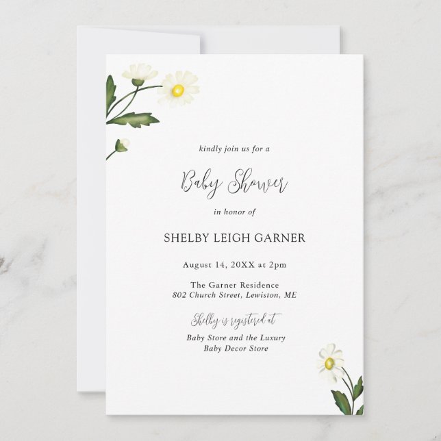 Invitation Baby shower Floral Rustique Blanc (Devant)