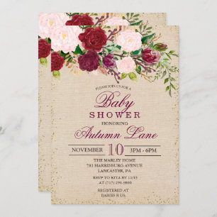 Invitation Baby shower Floral Rustique Bourgogne