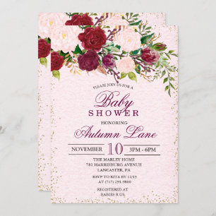 Invitation Baby shower Floral Rustique Bourgogne