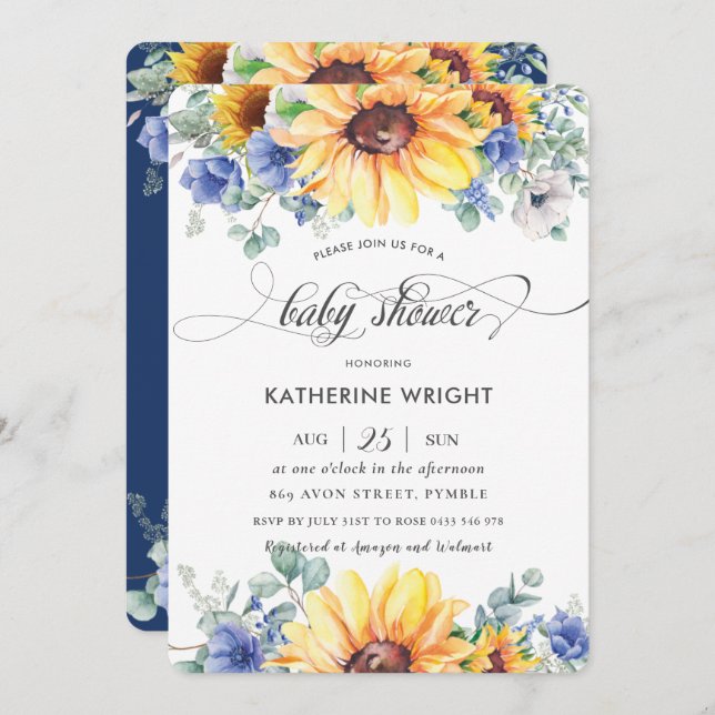 Invitation Baby shower Floral Rustique Chic Sunflower Bleu  (Devant / Derrière)