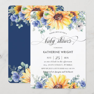 Invitation Baby shower Floral Rustique Chic Sunflower Bleu