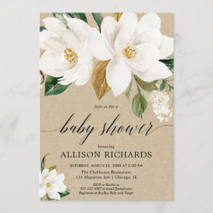 Invitation Baby shower floral rustique de magnolia neutre pou