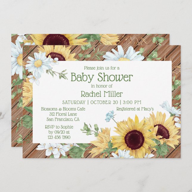 Invitation Baby shower floral rustique de tournesol (Devant / Derrière)