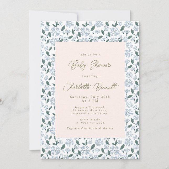 Invitation Baby shower floral Sage and Dusty Blue Bloom (Devant)