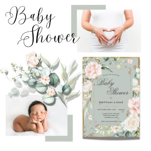 Invitation Baby shower Floral Sage Green Gold Aquarelle