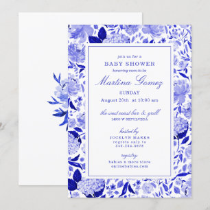 Invitation Baby shower floral sophistiqué de bleu royal