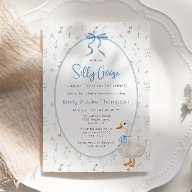 Invitation Baby shower floral soyeux de Bow bleu oie (Créateur téléchargé)