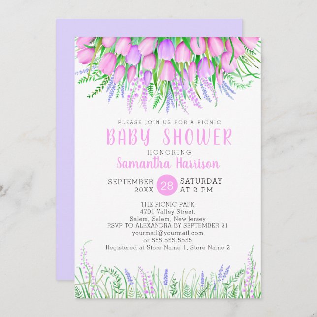 Invitation Baby shower Floral Spring Lavender Tulips Pique-ni (Devant / Derrière)