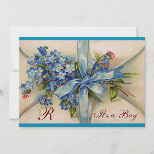 Invitation Baby shower FLORAL STORK BLUE BOW FLEURS MONOGRAM