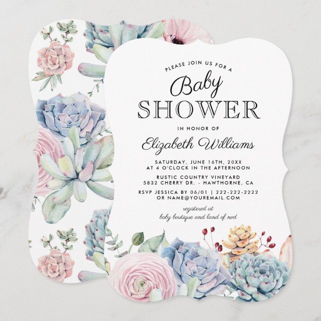 Invitation Baby shower Floral Succulent vintage (Devant / Derrière)