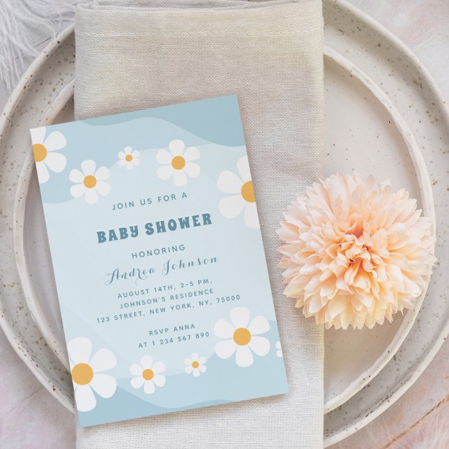 Invitation Baby shower floral super Dusty Blue Retro Daisy (Créateur téléchargé)