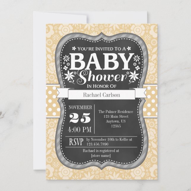 Invitation Baby shower floral Tan Beige Cream Chalkboard (Devant)
