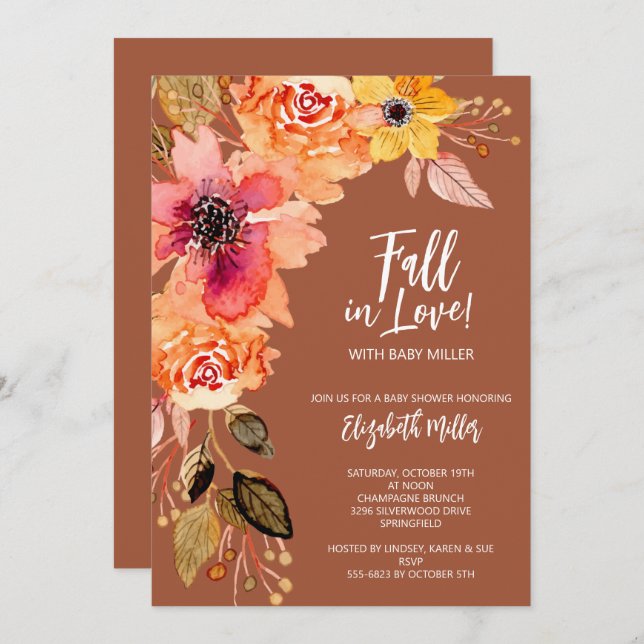 Invitation Baby shower Floral Terracotta (Devant / Derrière)